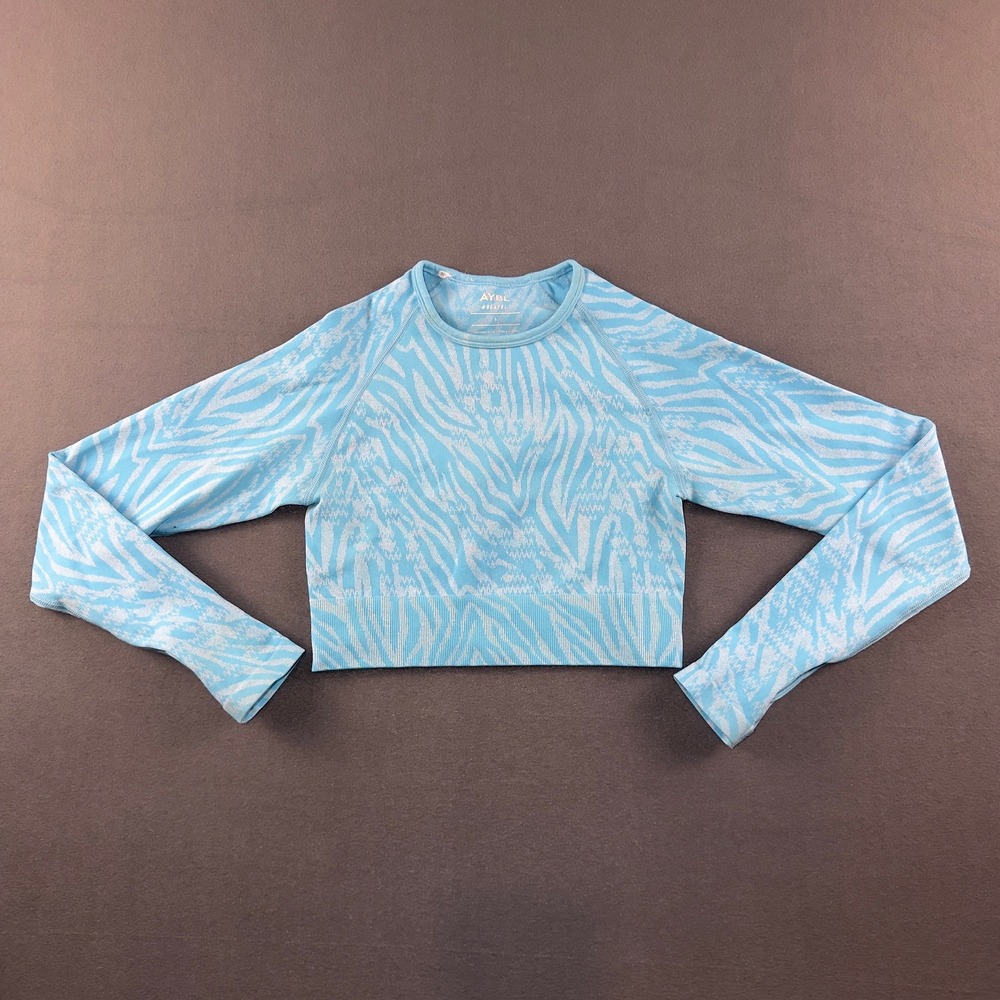 AYBL Womens Zebra Seamless Long Sleeve Crop Top Blue White Small Activewear